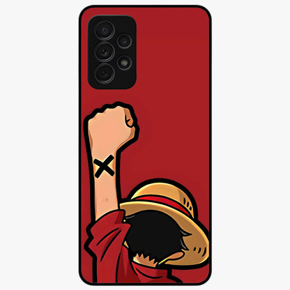 Luffy X Spirit Glass Case showing flat back view with bold anime character artwork and glossy glass finish.