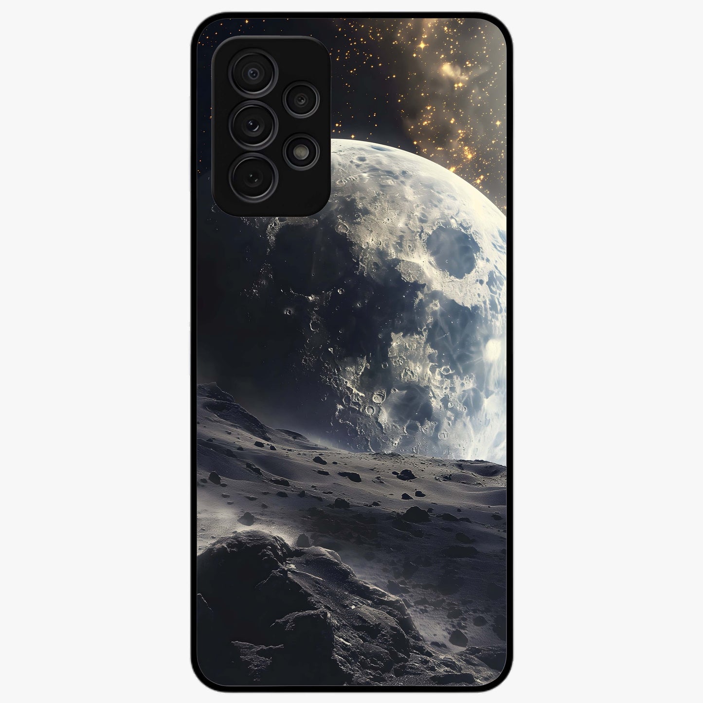 Lunar Horizon Glow Glass Case showing flat back view with glowing moon horizon artwork and glossy glass finish.