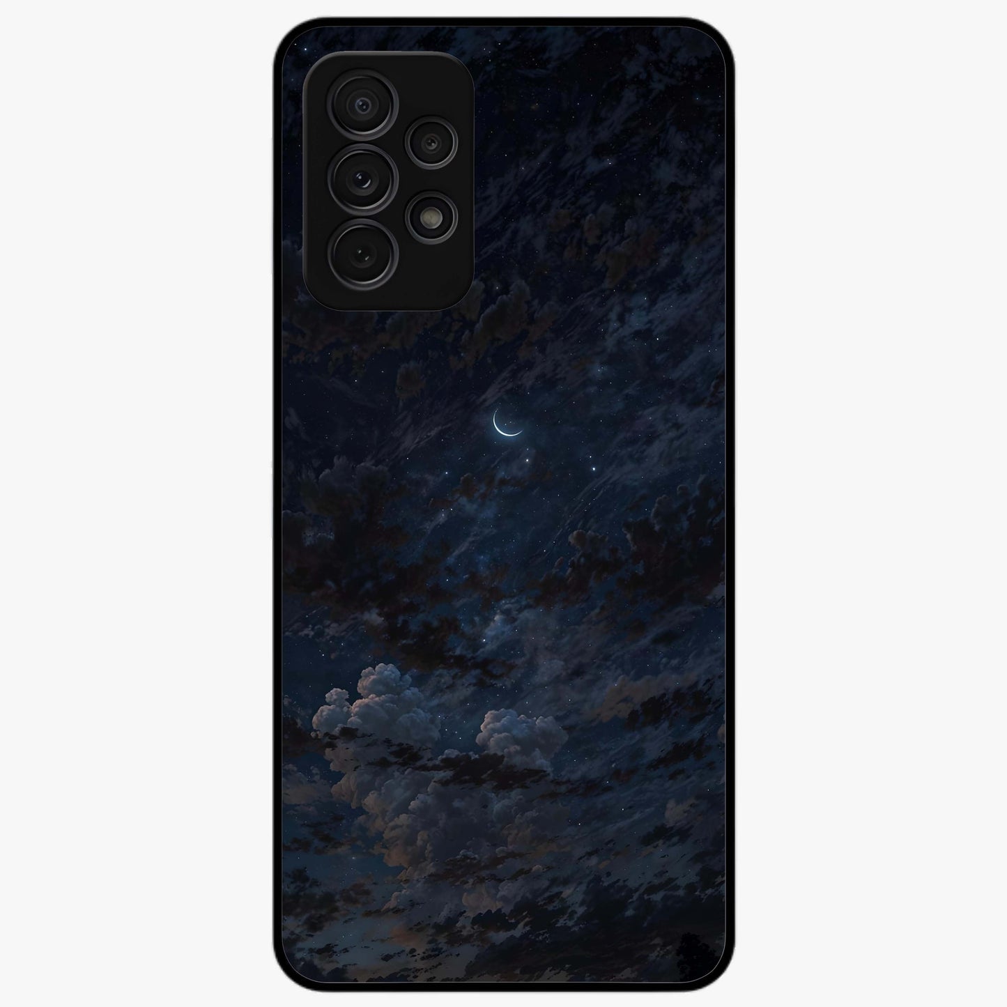 Lunar Veil Silence Glass Case showing flat back view with mystical moon veil artwork and glossy glass finish.