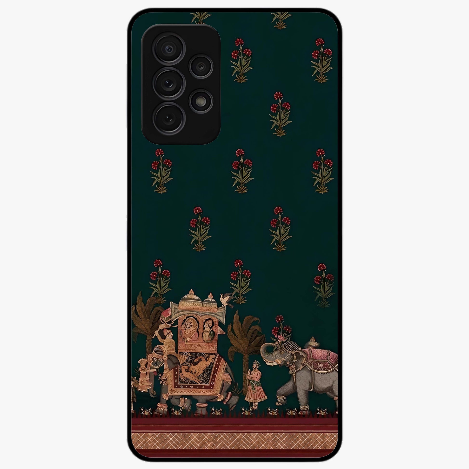 Macmerise Glass Case showing flat back view with stylish modern artwork and glossy glass finish.