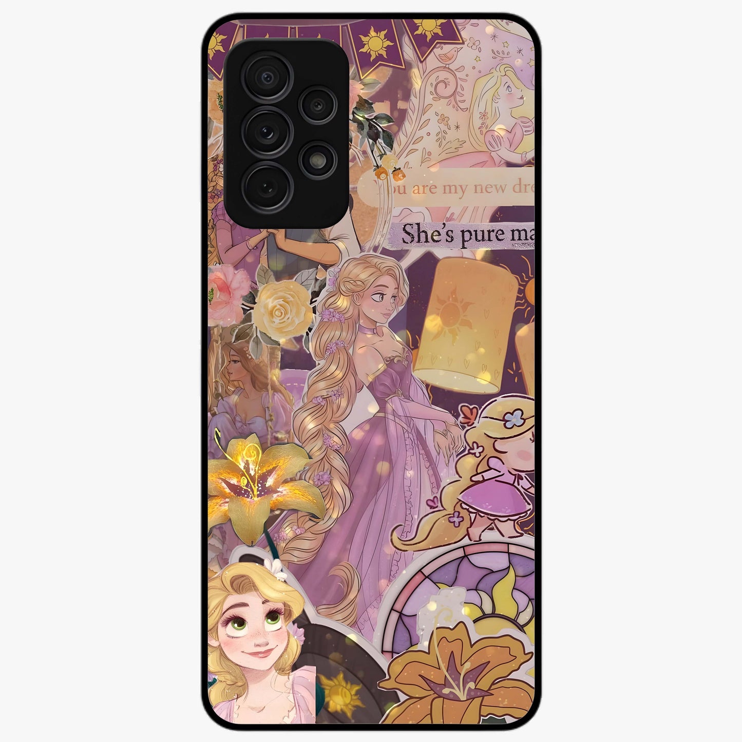 Magical Tangled Dream Glass Case showing flat back view with dreamy tangled artwork and glossy glass finish.