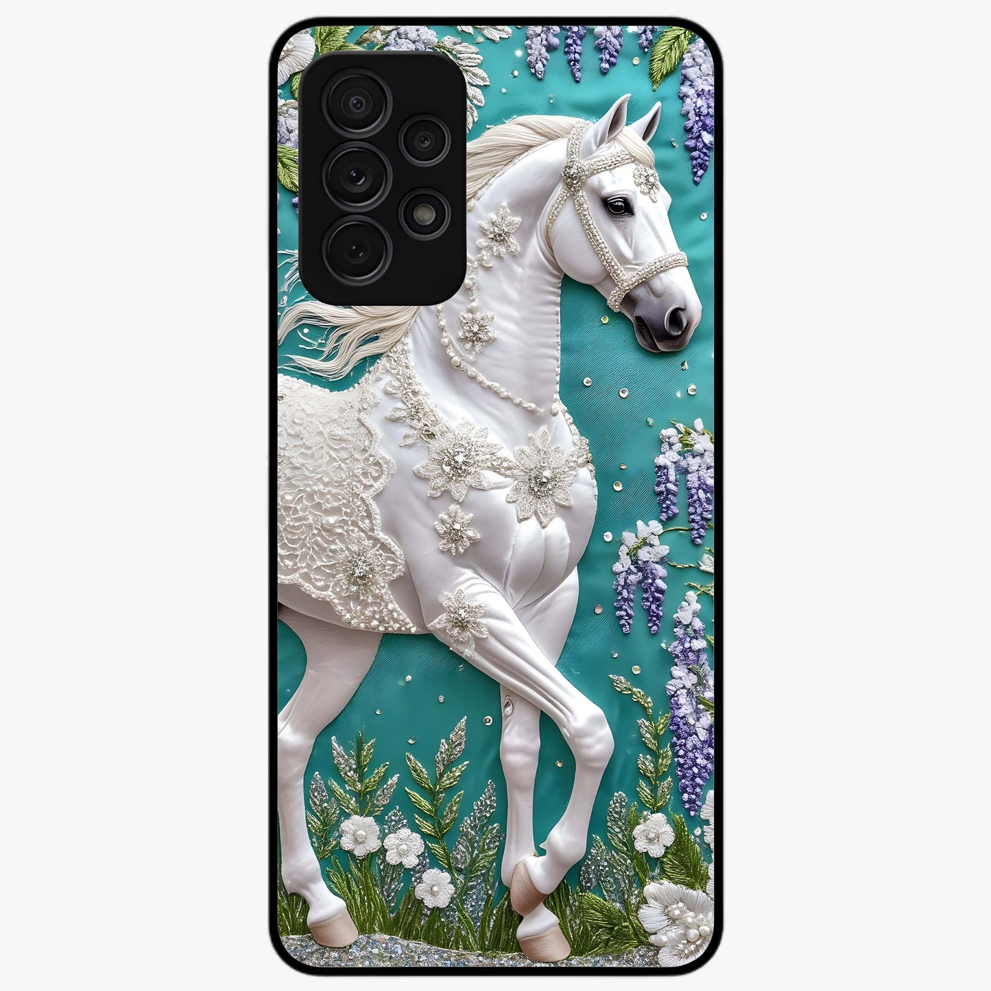 Majestic Floral Stallion Glass Case showing flat back view with powerful horse and floral artwork and glossy glass finish.