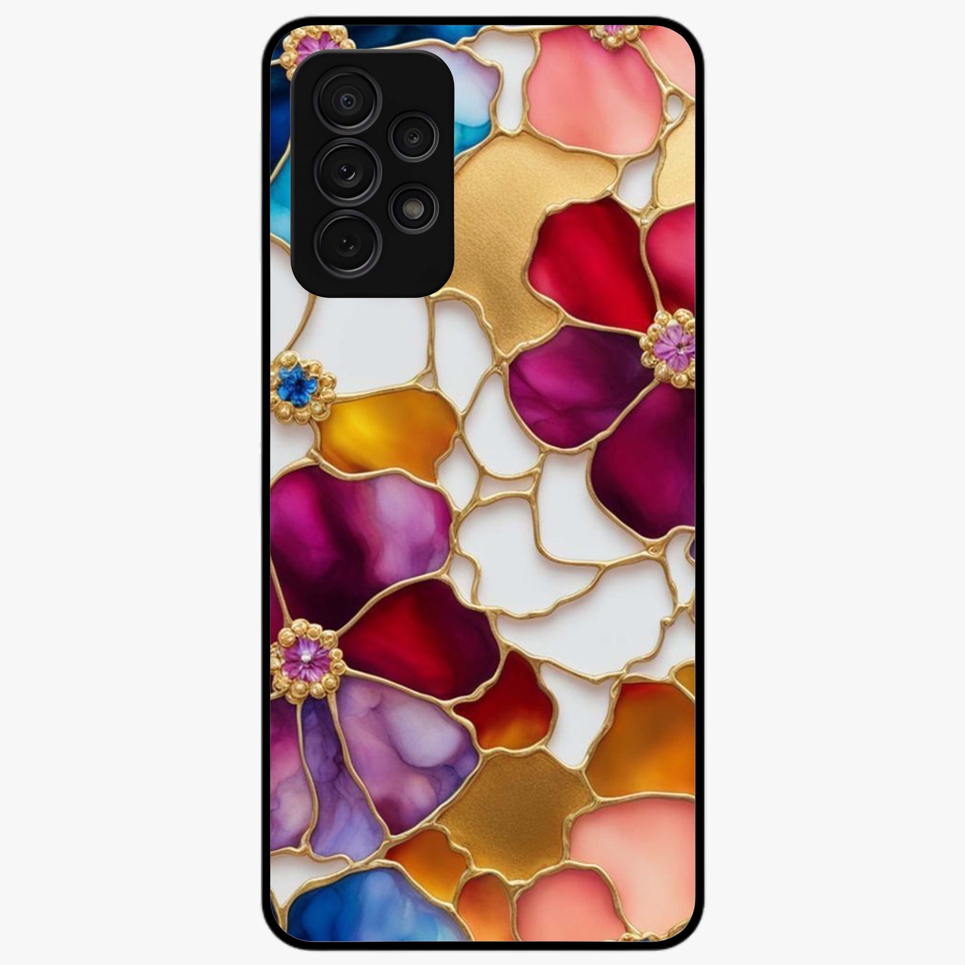 Marble Flower Pattern Glass Case showing flat back view with marble texture floral artwork and glossy glass finish.