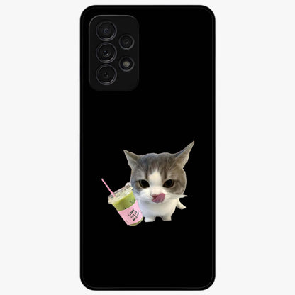 Matcha Cat Style Glass Case showing flat back view with cute matcha themed cat artwork and glossy glass finish.