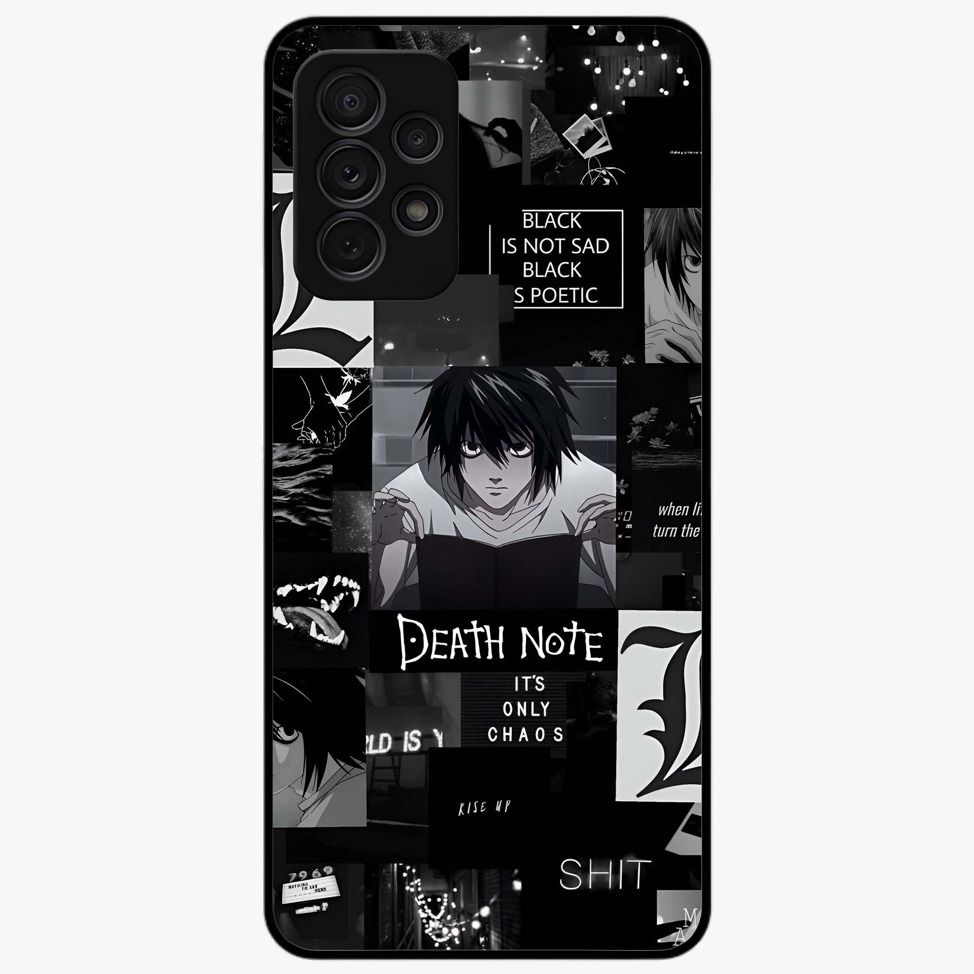 Midnight Chaos Mind Glass Case showing flat back view with abstract dark themed artwork and glossy glass finish.