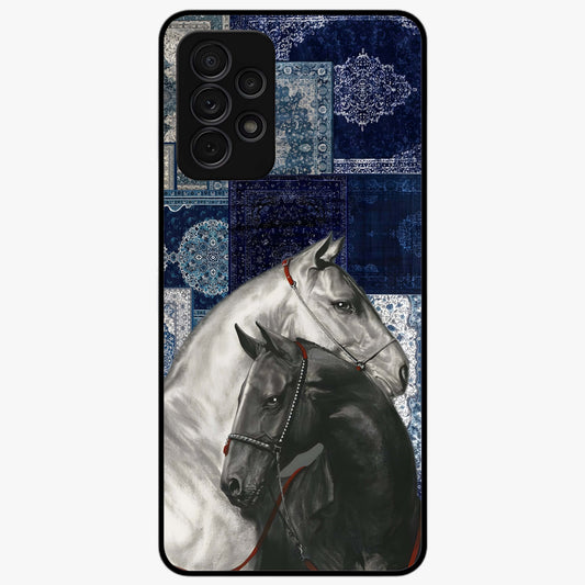 Midnight Stallion Blues Glass Case showing flat back view with majestic horse artwork and glossy glass finish.
