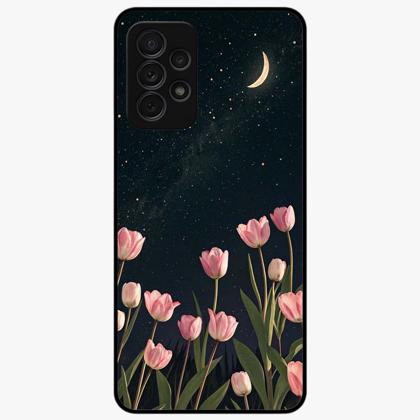 Midnight Tulip Whispers Vibe Glass Case showing flat back view with elegant tulip flower artwork and glossy glass finish.