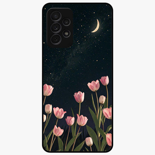 Midnight Tulip Whispers Vibe Glass Case showing flat back view with elegant tulip flower artwork and glossy glass finish.