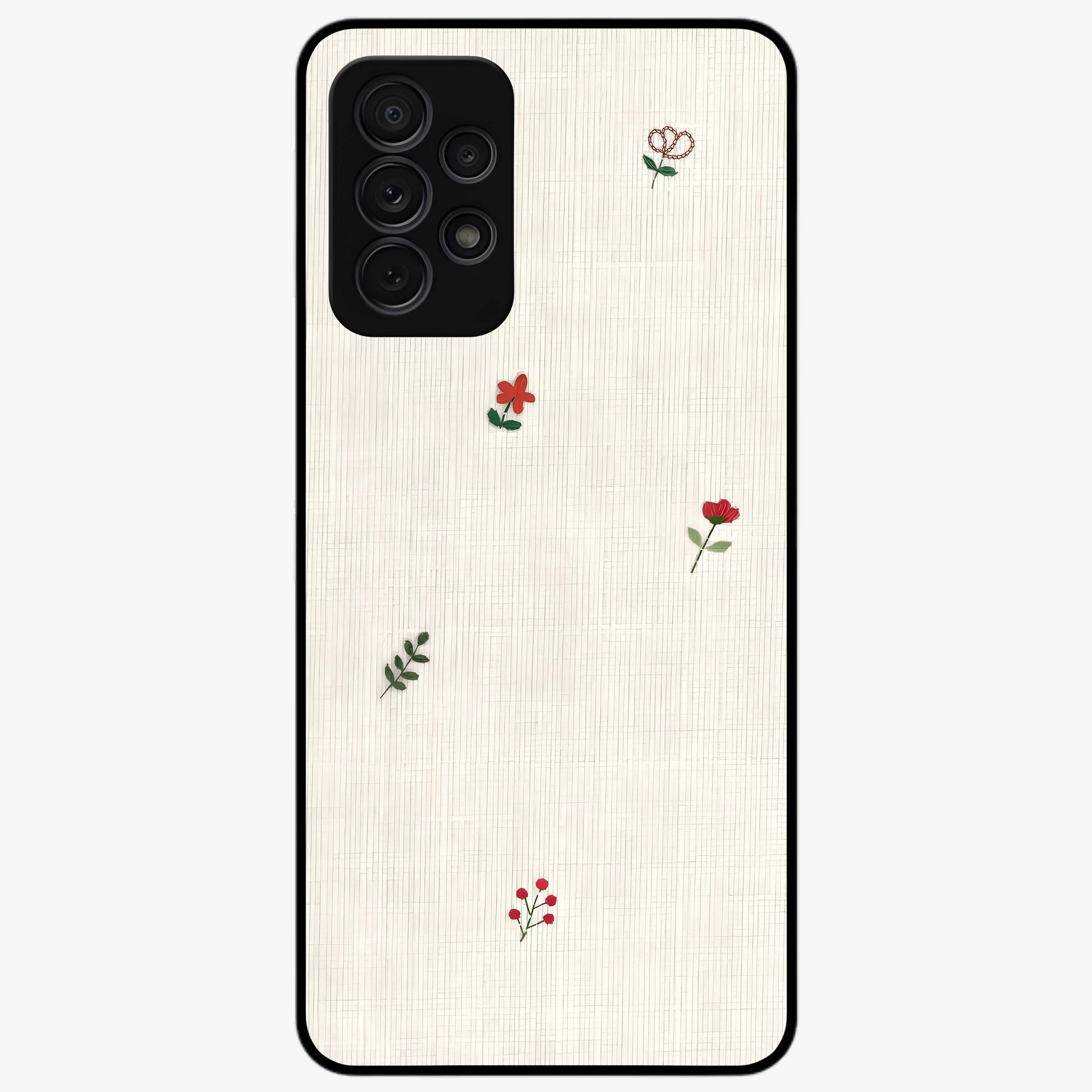 Minimal Petal Whispers Glass Case showing flat back view with soft minimal floral artwork and glossy glass finish.