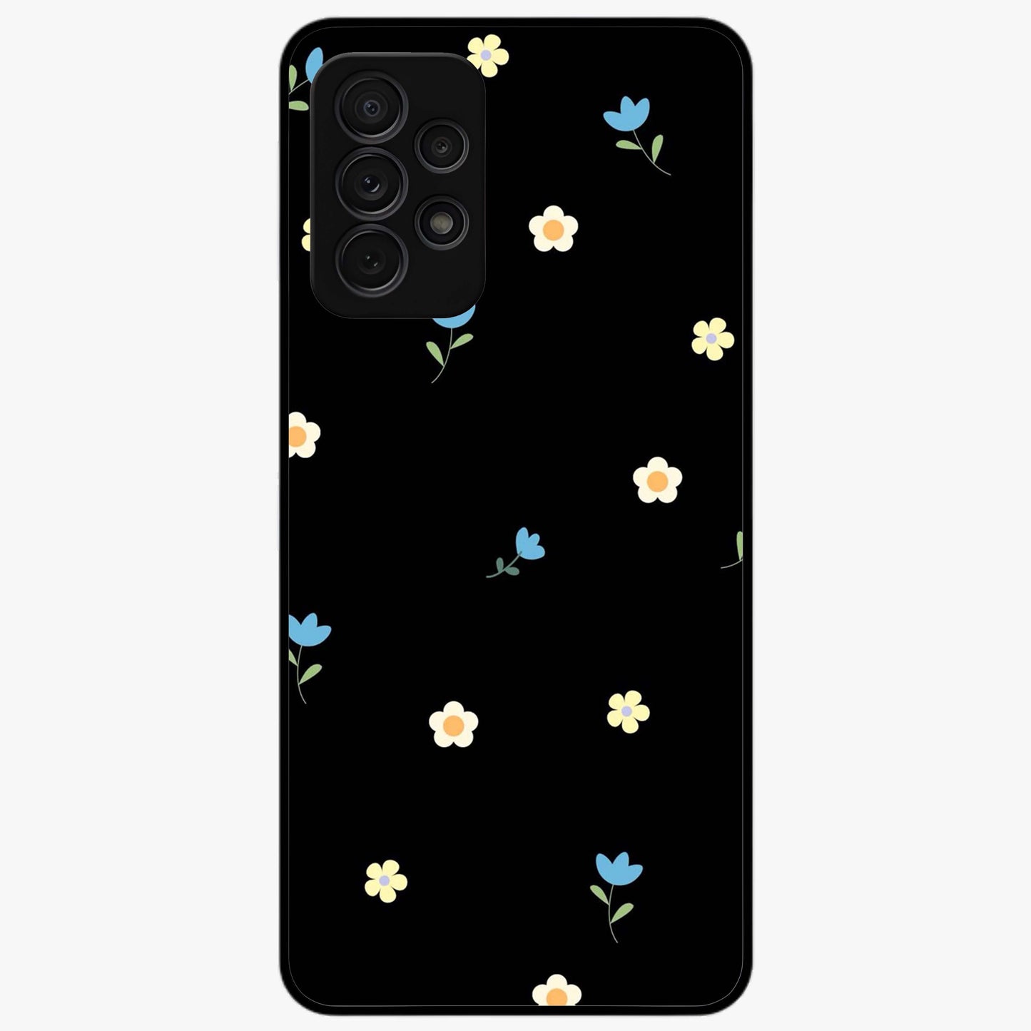 Minimalistic Blue With White Flower Pattern Glass Case showing flat back view with blue background and white flower pattern and glossy glass finish.