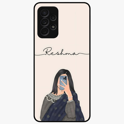 Mirror Mood Muse With Custom Name Glass Case showing flat back view with stylish mirrored artwork and personalized name design.