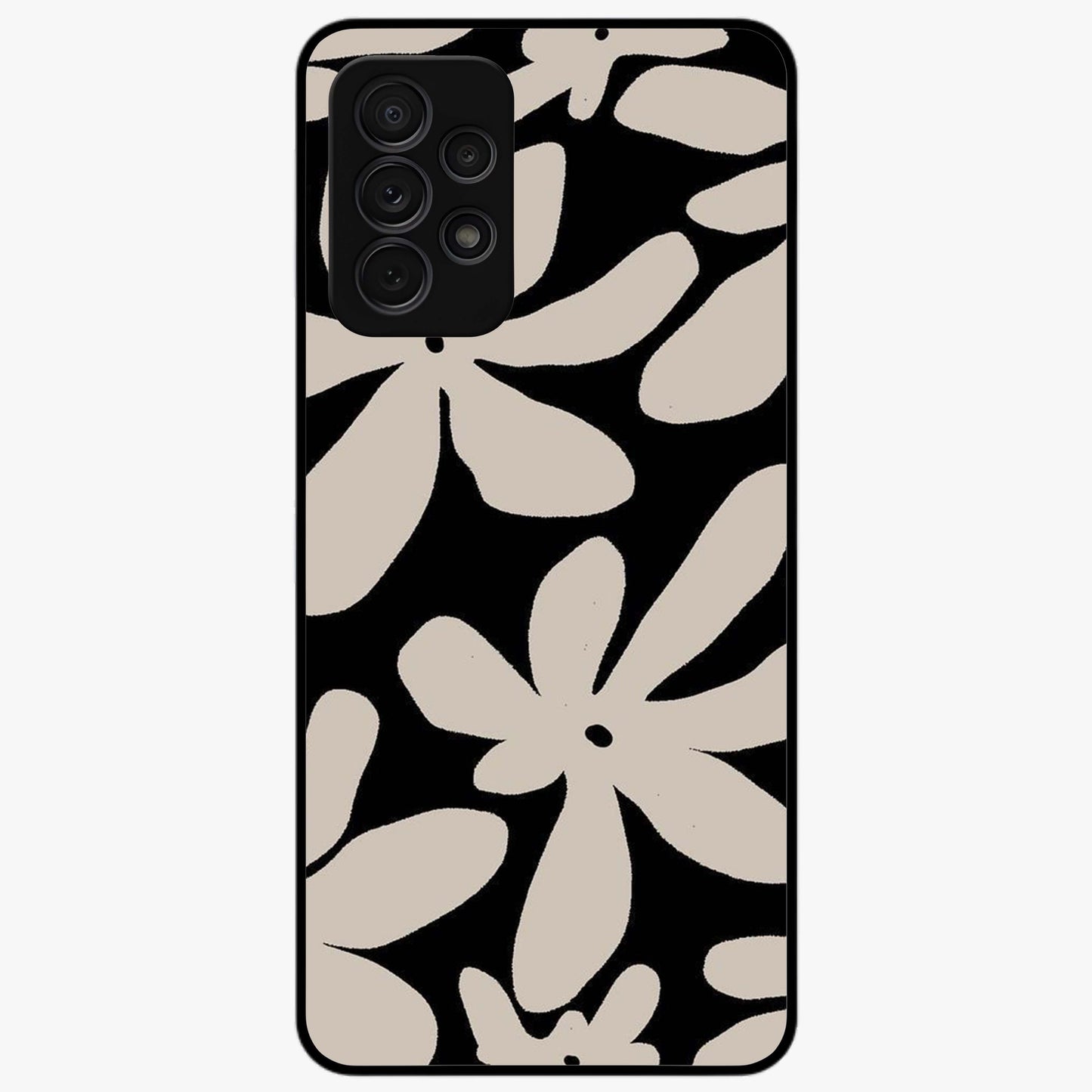 Monochrome Petal Dance Glass Case showing flat back view with monochrome floral artwork and glossy glass finish.