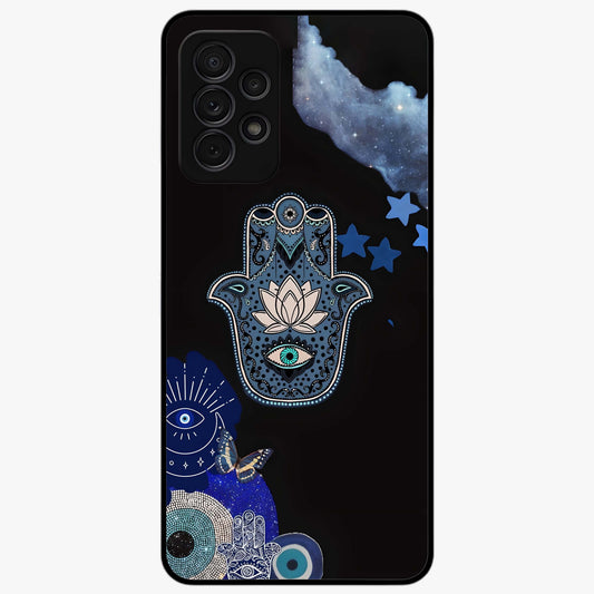 Mystic Hand Aura Glass Case showing flat back view with mystical hand symbol artwork and glossy glass finish.