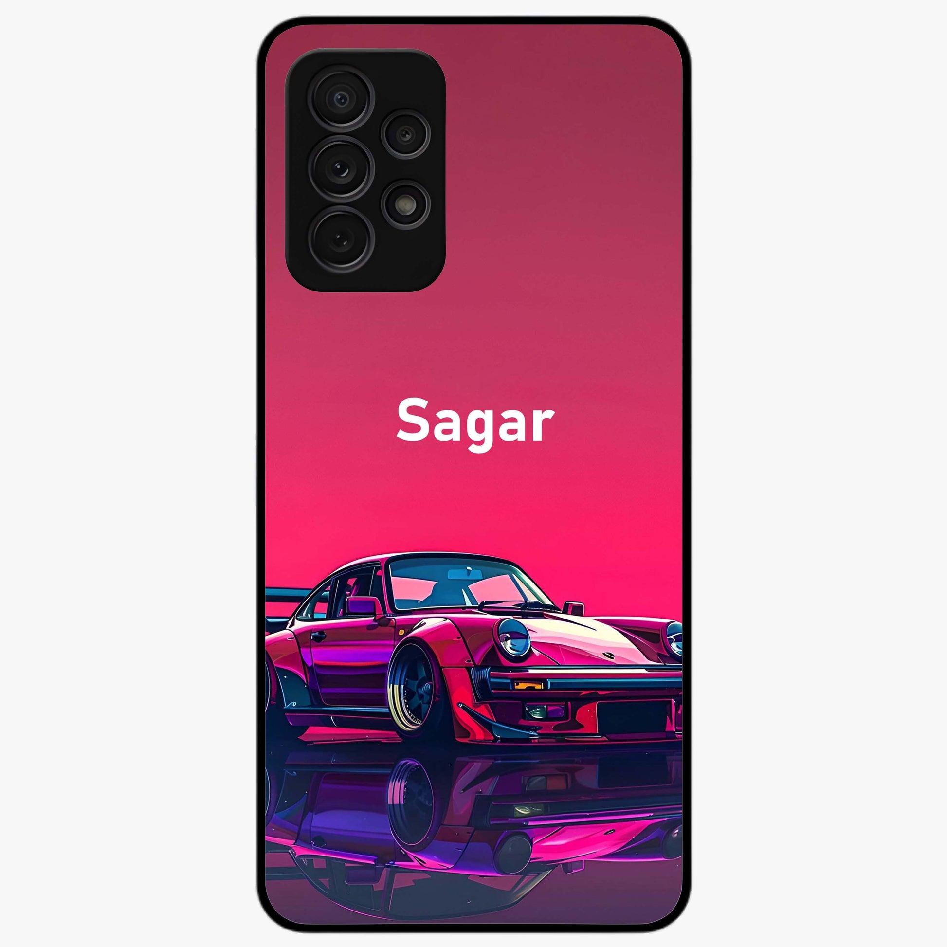 Neon Pink Porsche Glass Case showing flat back view with stylish sports car artwork and glossy glass finish.