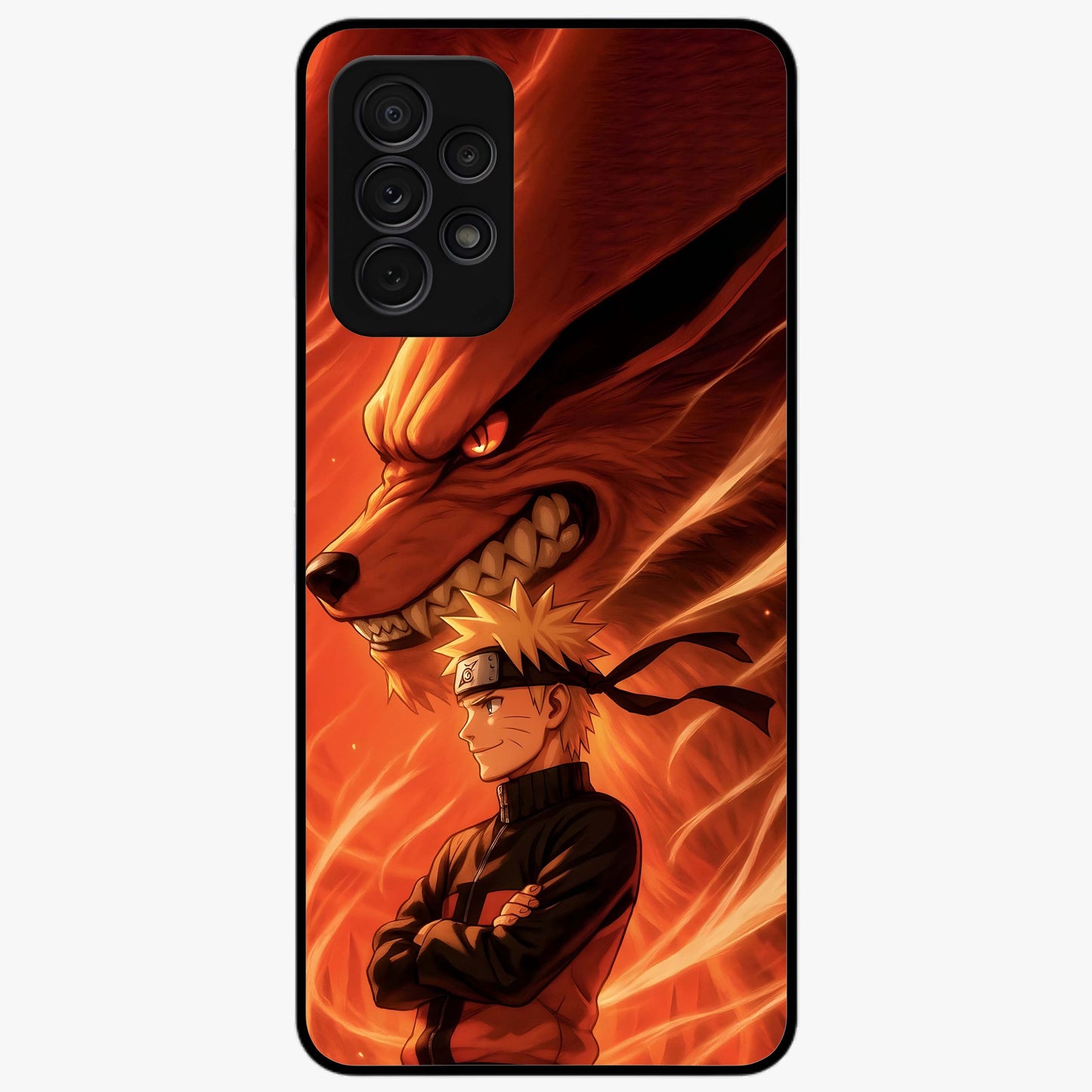 Nine Tails Legacy Glass Case showing flat back view with powerful nine-tailed fox inspired artwork and glossy glass finish.
