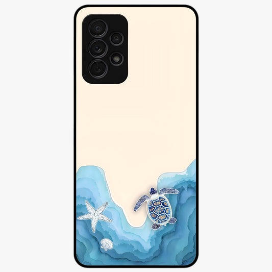 Ocean Drift Turtle Glass Case showing flat back view with sea turtle artwork and glossy glass finish.