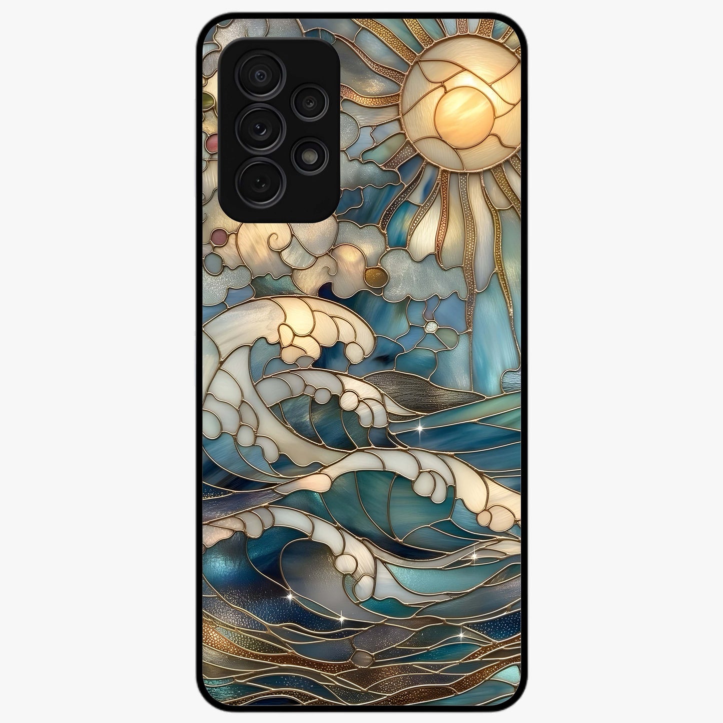 Oceanic Stained Printed Glass Case showing flat back view with ocean inspired stained pattern artwork and glossy glass finish.