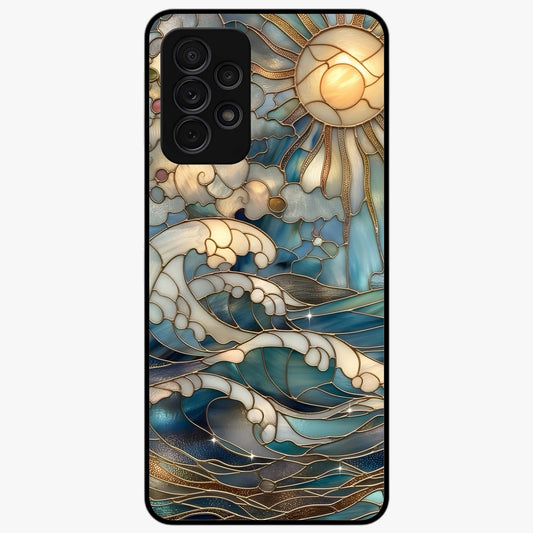 Oceanic Stained Printed Glass Case showing flat back view with ocean inspired stained pattern artwork and glossy glass finish.