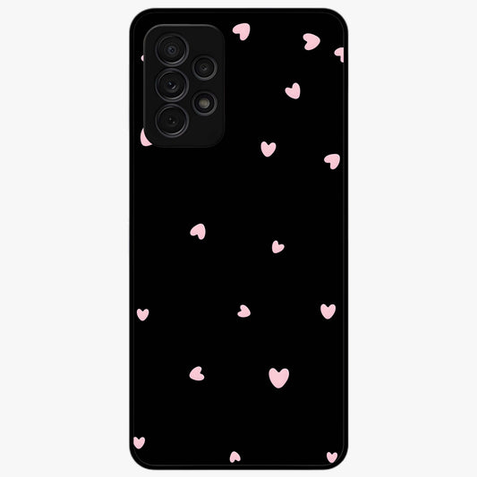 Pink Love Drops Glass Case showing flat back view with playful pink heart drops artwork and glossy glass finish.