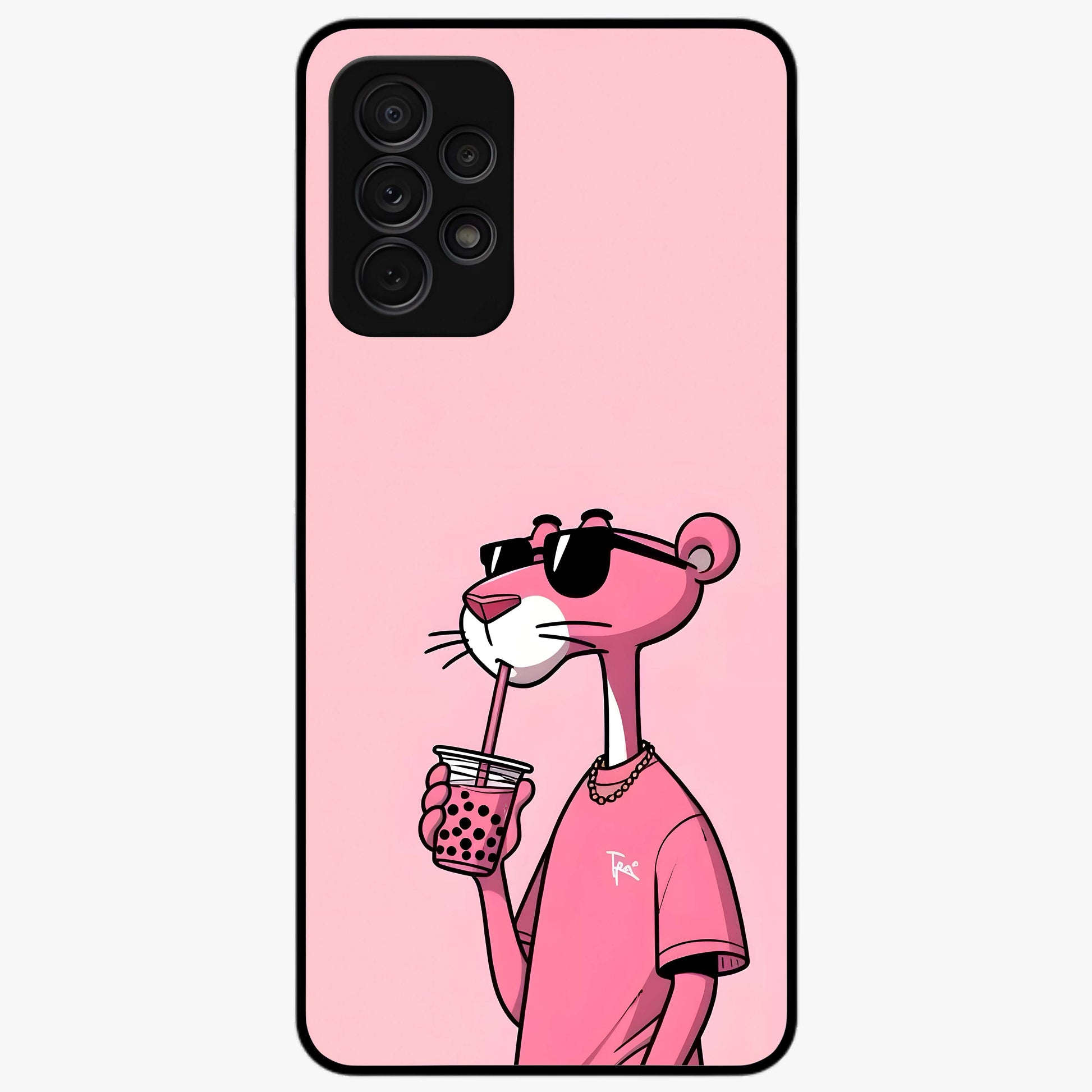 Pink Panther Glass Case showing flat back view with iconic pink panther artwork and glossy glass finish.