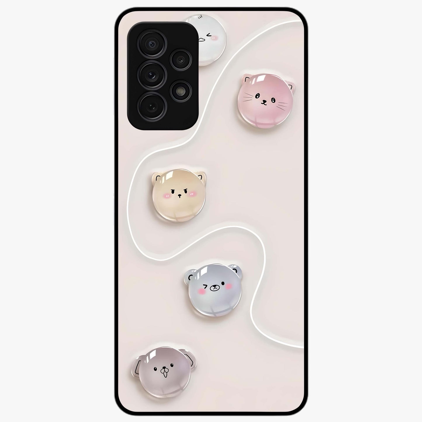 Puffy Face Parade Glass Case showing flat back view with cute puffy character faces artwork and glossy glass finish.