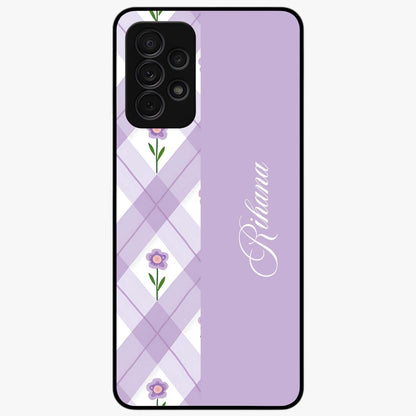 Purple Diamond Floral Glass Case showing flat back view with diamond shaped floral artwork and glossy glass finish.