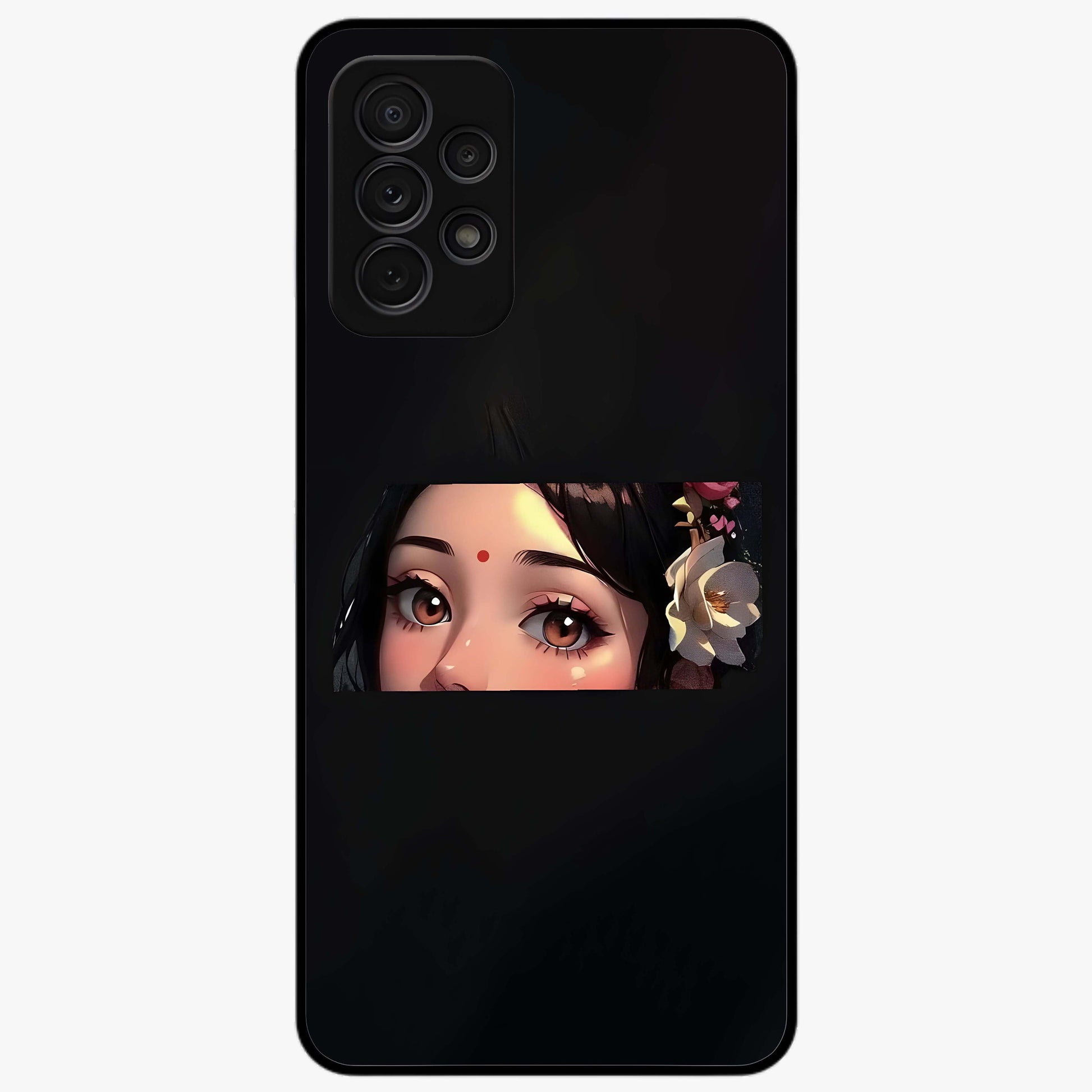 Radha Divine Embrace Glass Case showing flat back view with devotional Radha artwork and glossy glass finish.