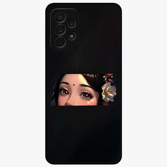 Radha Divine Embrace Glass Case showing flat back view with devotional Radha artwork and glossy glass finish.