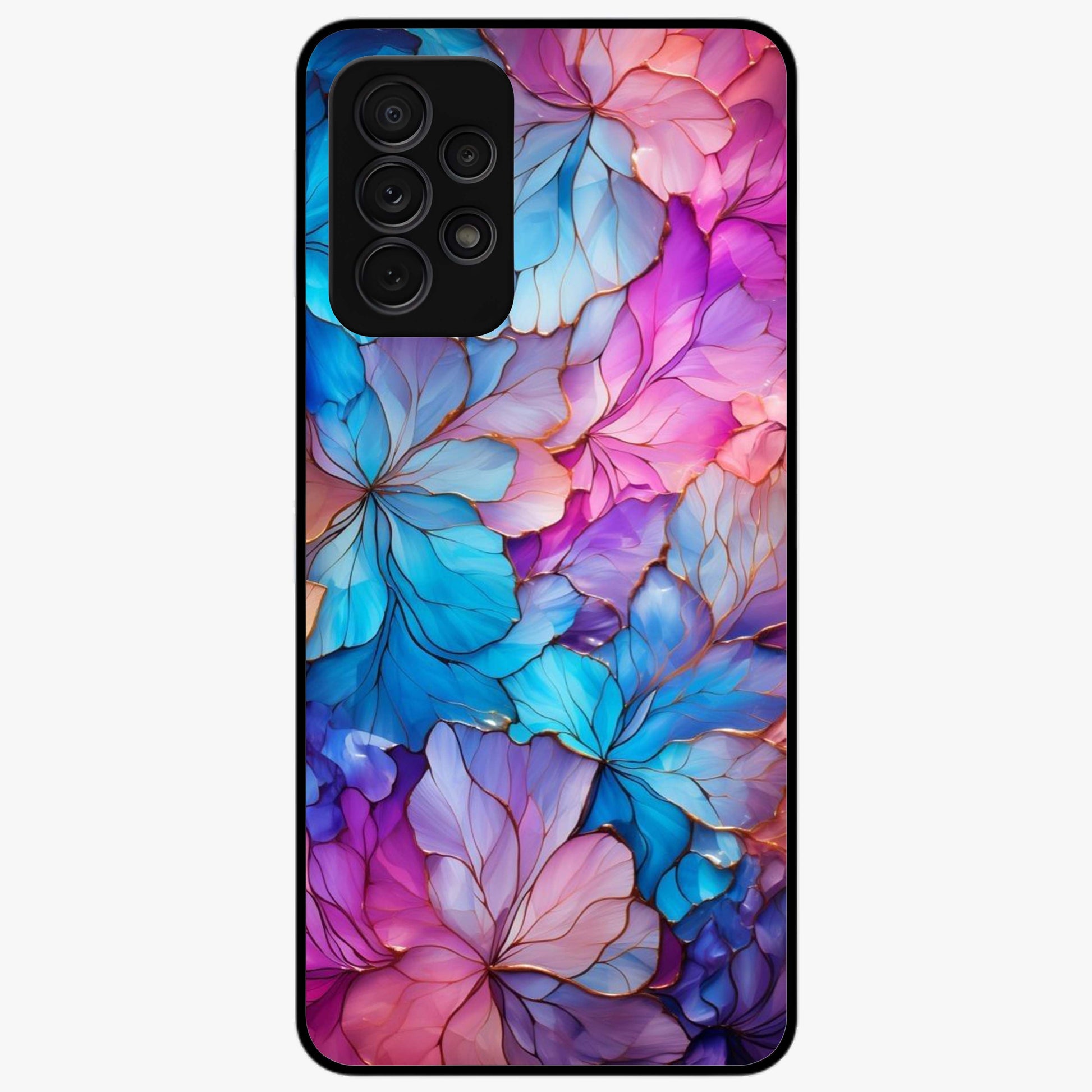 Radiant Floral Whirl Glass Case showing flat back view with swirling floral artwork and glossy glass finish.