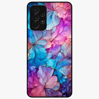 Radiant Floral Whirl Glass Case showing flat back view with swirling floral artwork and glossy glass finish.