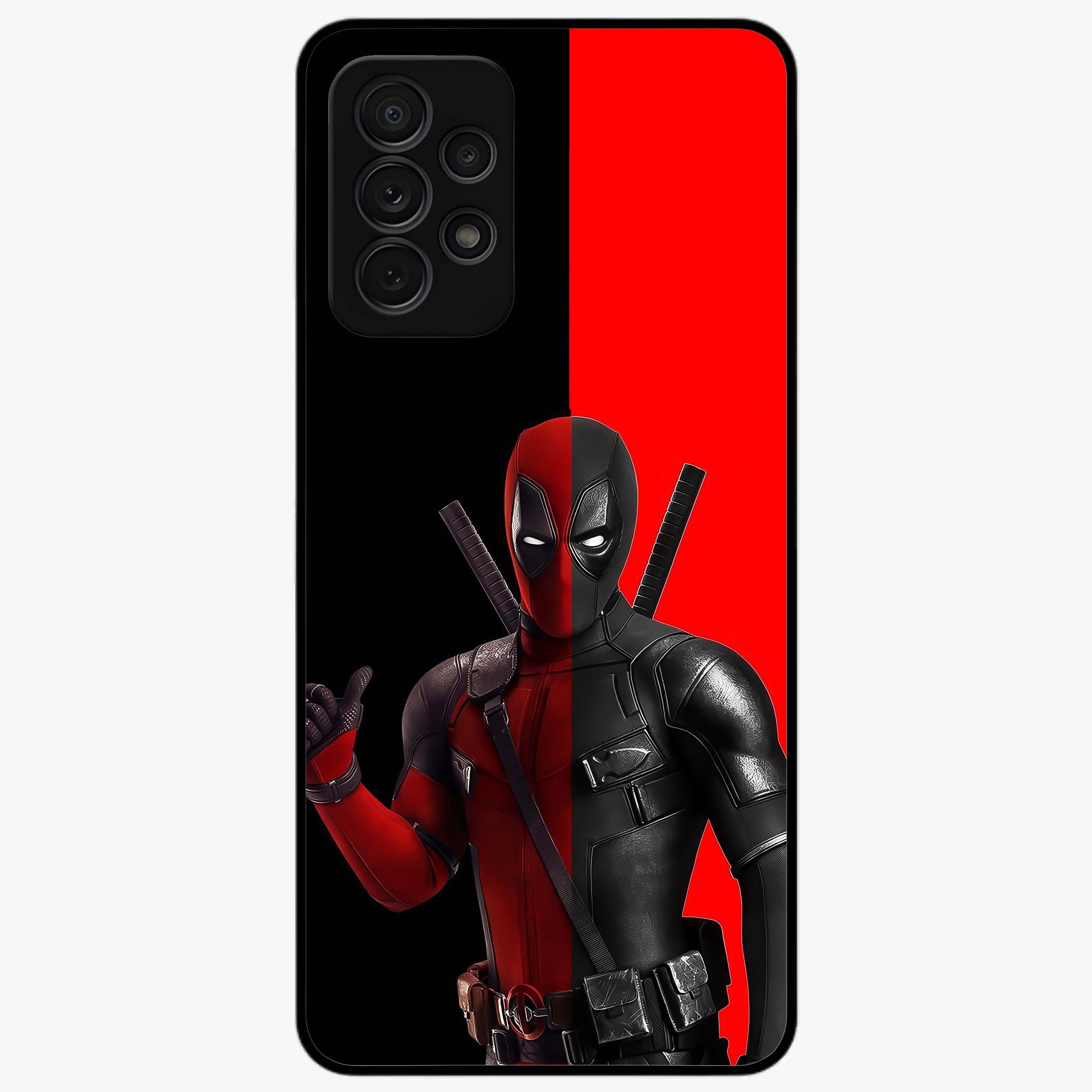 Red & Black Deadpool Theme Glass Case showing flat back view with bold comic inspired artwork and glossy glass finish.
