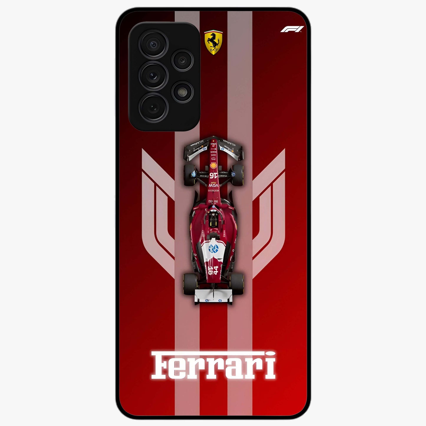 Red Ferrari F1 Vertical Glass Case showing flat back view with sleek Formula racing car artwork and glossy glass finish.