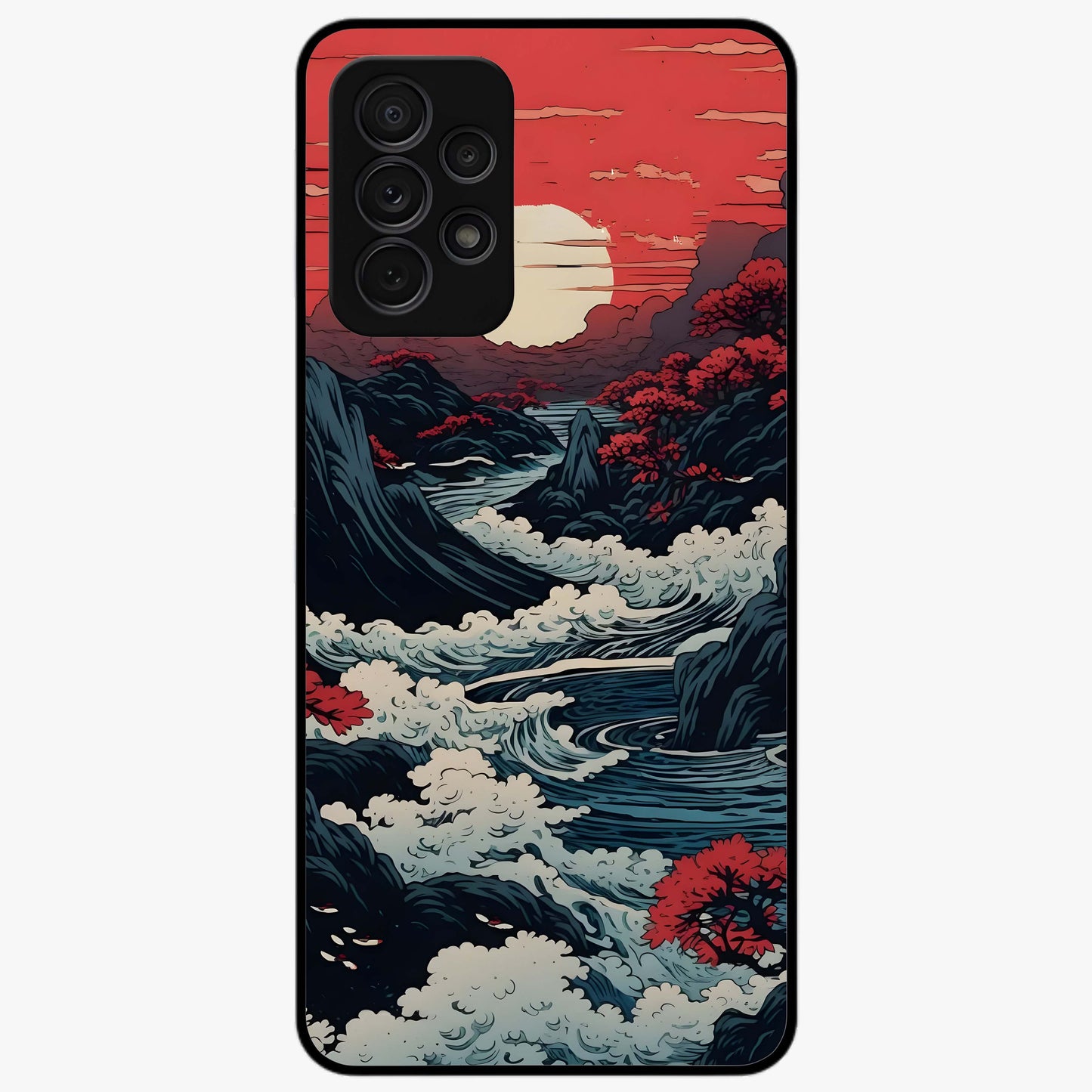Red Sunset Scenery Glass Case showing flat back view with vibrant sunset landscape artwork and glossy glass finish.