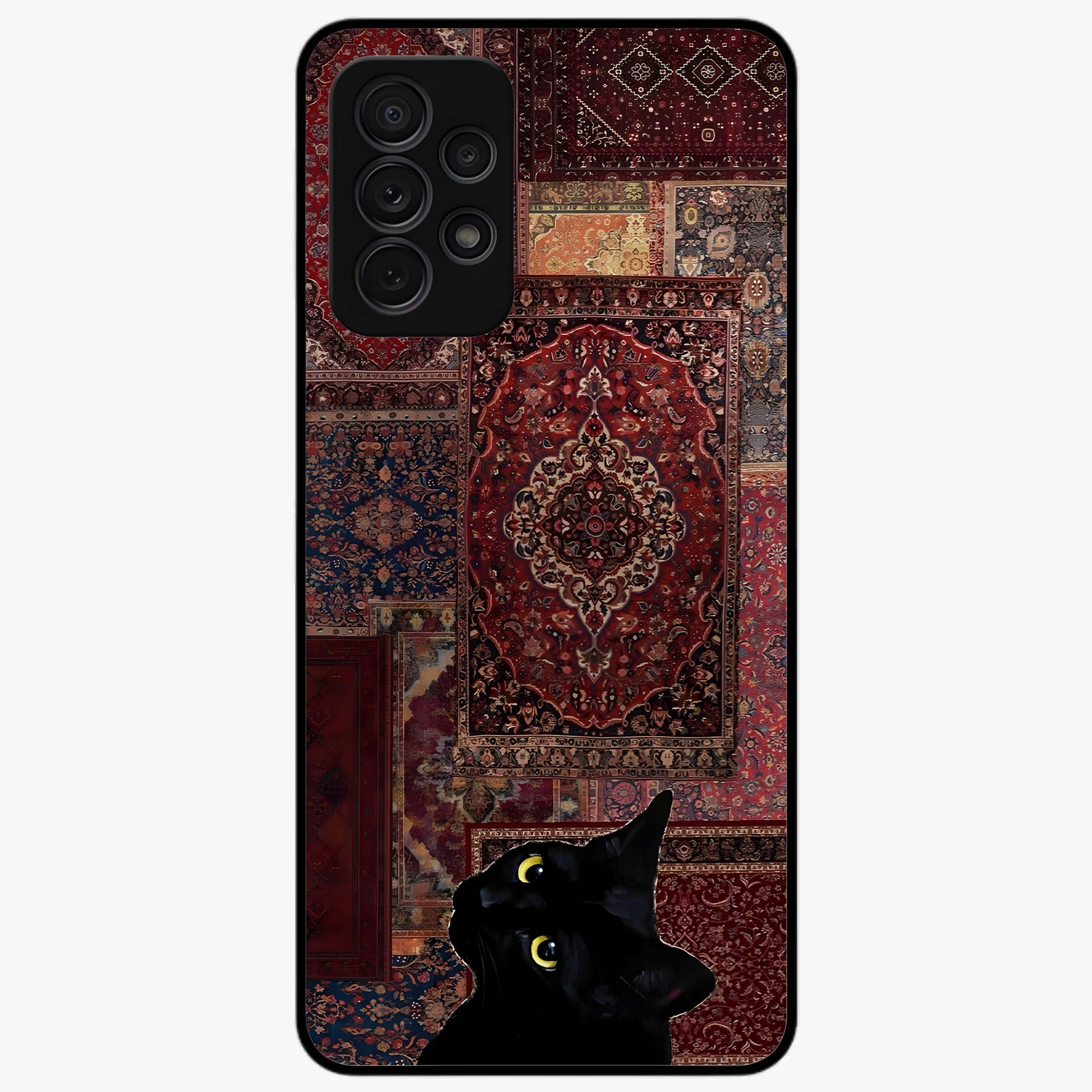 Regal Magic Cat Apple Glass Case showing flat back view with magical cat artwork holding apple and glossy glass finish.