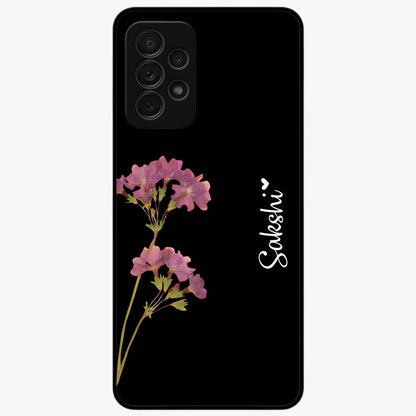Riching Lavender Flower Custom Name Glass Case showing flat back view with lavender floral artwork and personalized name design.