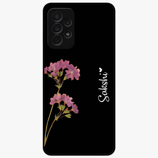 Riching Lavender Flower Custom Name Glass Case showing flat back view with lavender floral artwork and personalized name design.