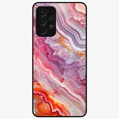 Rose Quartz Marble Glass Case showing flat back view with pink marble quartz texture artwork and glossy glass finish.