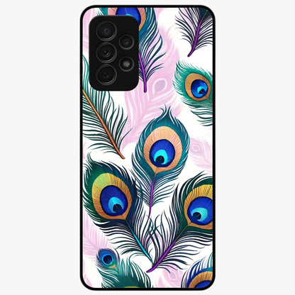 Royal Peacock Feathers Glass Case showing flat back view with colorful peacock feather artwork and glossy glass finish.