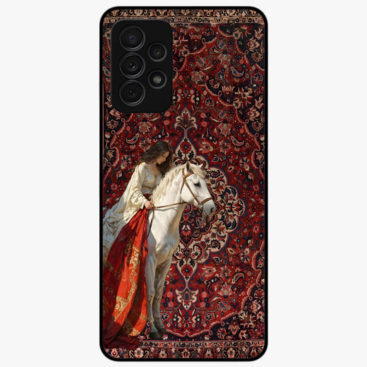 Royal Rider Tapestry Glass Case showing flat back view with majestic horse rider tapestry artwork and glossy glass finish.