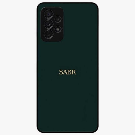 Sabr Minimal Patience Glass Case showing flat back view with minimalist typography artwork and glossy glass finish.