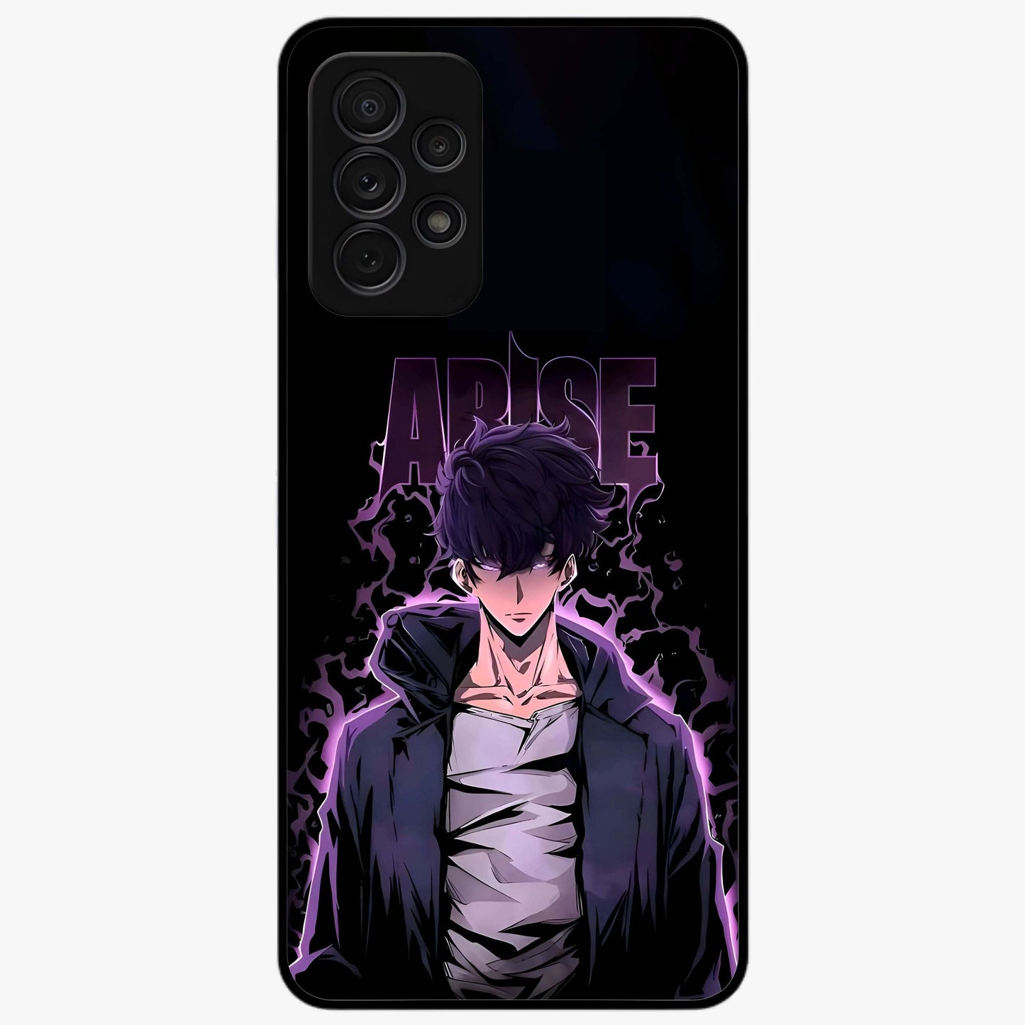 Shadow Monarch Awakening Glass Case showing flat back view with powerful dark monarch themed artwork and glossy glass finish.
