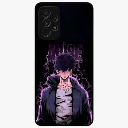Shadow Monarch Awakening Glass Case showing flat back view with powerful dark monarch themed artwork and glossy glass finish.