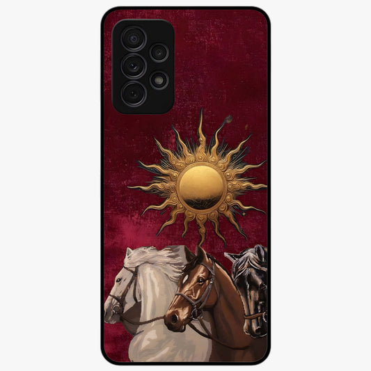 Solar Riders Glass Case showing flat back view with dynamic rider themed artwork and glossy glass finish.