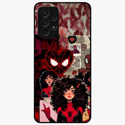 Spider Love Story Glass Case showing flat back view with romantic superhero themed artwork and glossy glass finish.