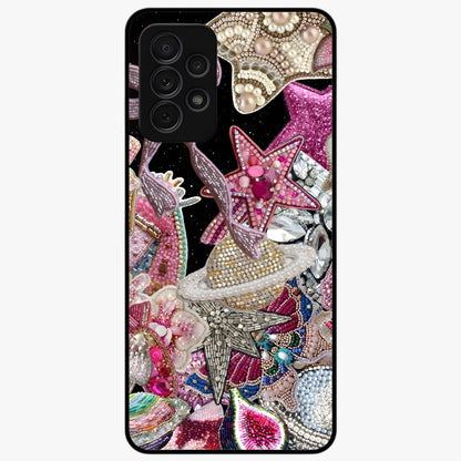 Starlit Jewel Dream Glass Case showing flat back view with sparkling jewel and star themed artwork and glossy glass finish.