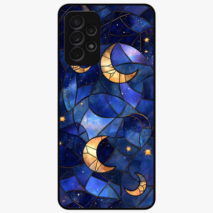 Starlit Sky Tapestry Glass Case showing flat back view with decorative starry sky tapestry artwork and glossy glass finish.