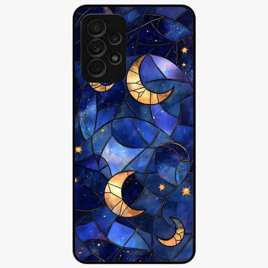 Starlit Sky Tapestry Glass Case showing flat back view with decorative starry sky tapestry artwork and glossy glass finish.