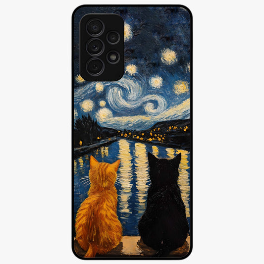 Starry River Cats Glass Case showing flat back view with cats by a starry river artwork and glossy glass finish.