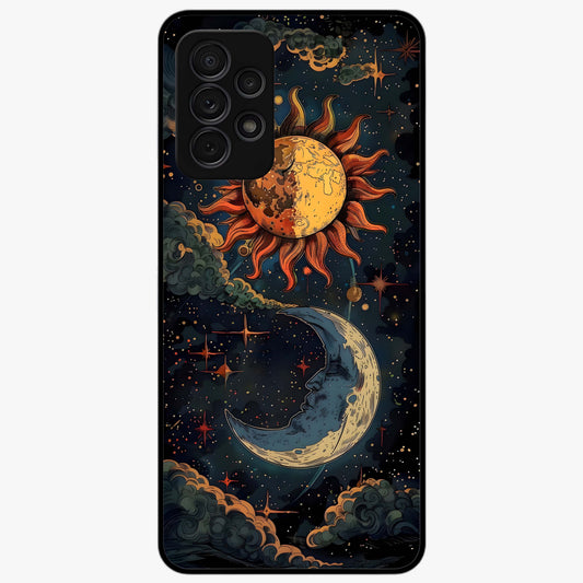 Sun And Moon Magic Design Glass Case showing flat back view with mystical sun and moon artwork and glossy glass finish.