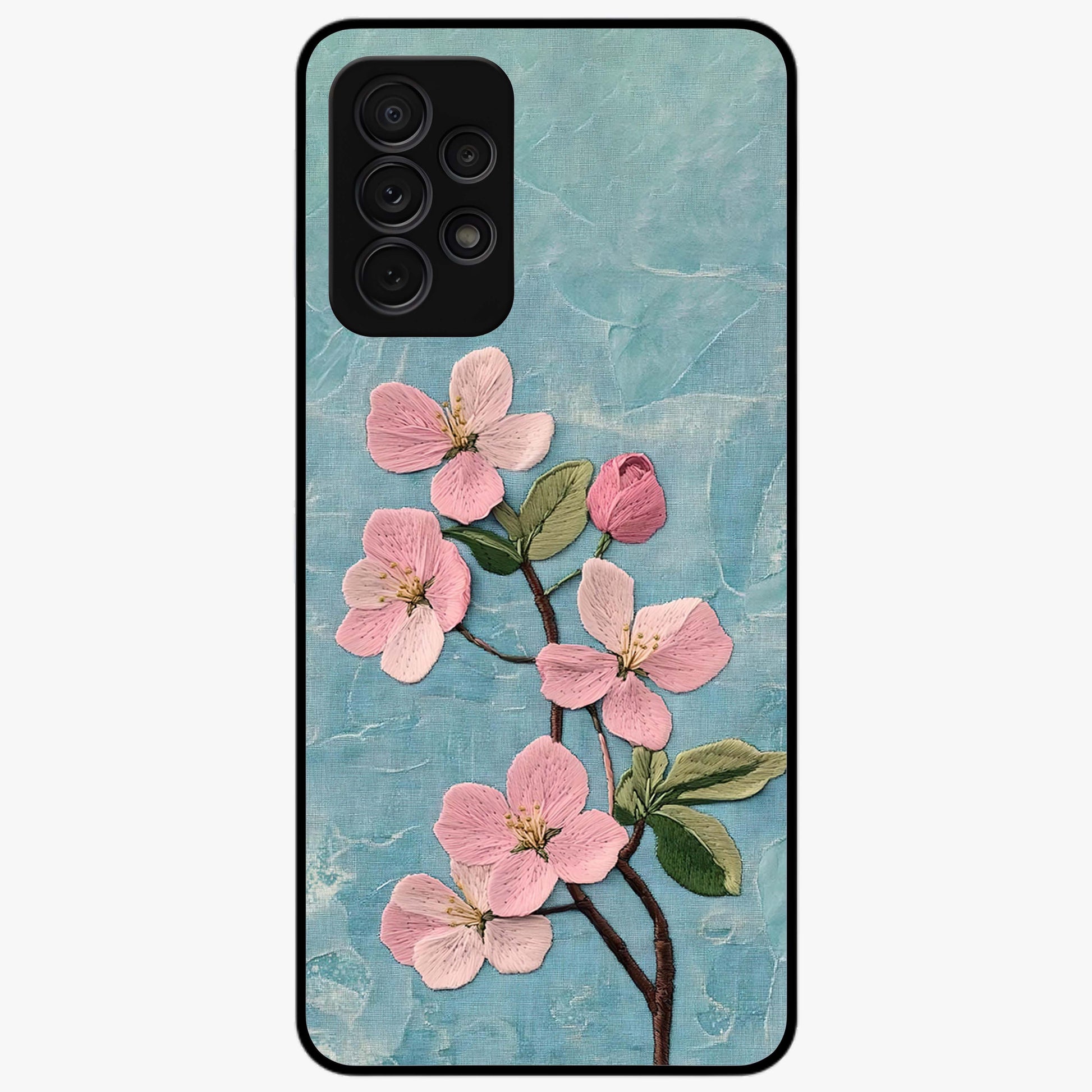Threaded Blossom Breeze Glass Case showing flat back view with delicate blossom artwork and glossy glass finish.